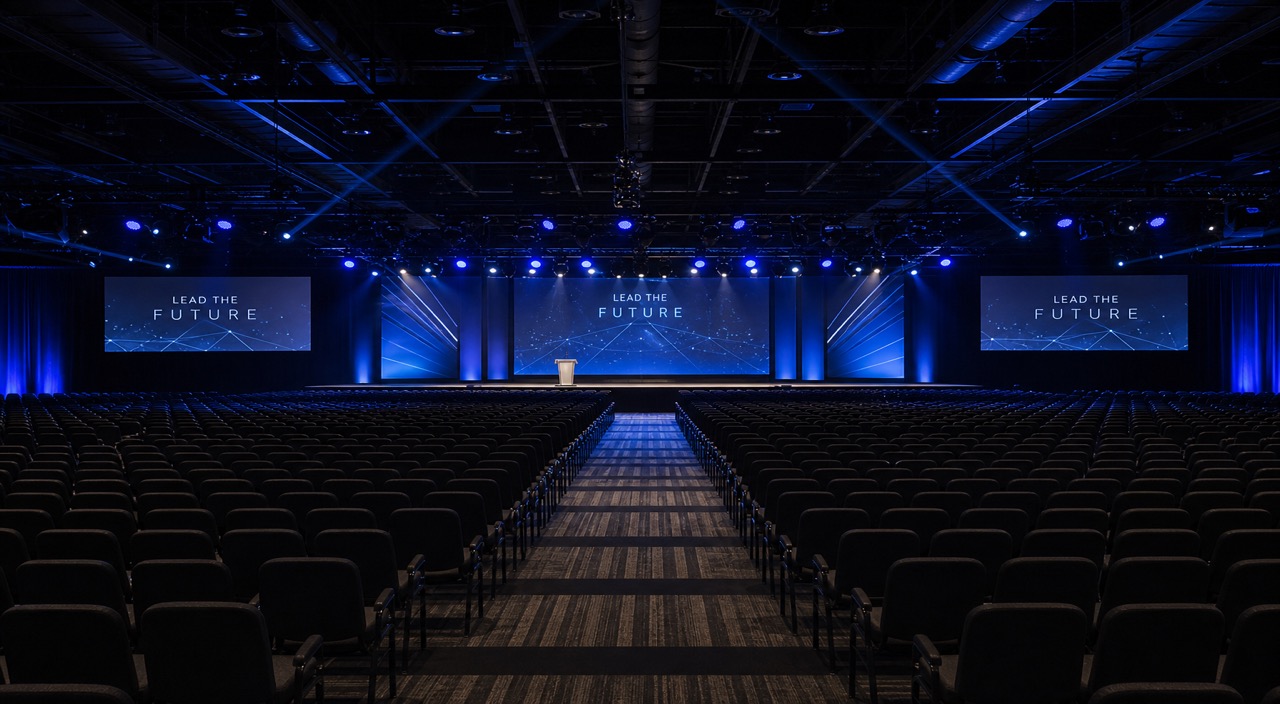 Empty auditorium with rows of seats and stage lighting before an event