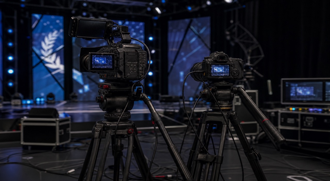 Cinema cameras and lenses arranged on a professional film set