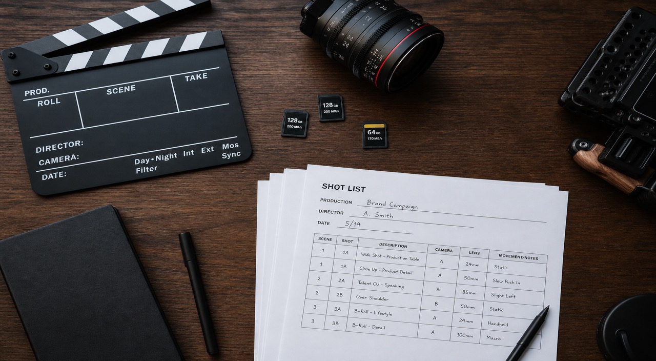 Flat lay of a cinema camera, lenses, and production gear on a blueprint