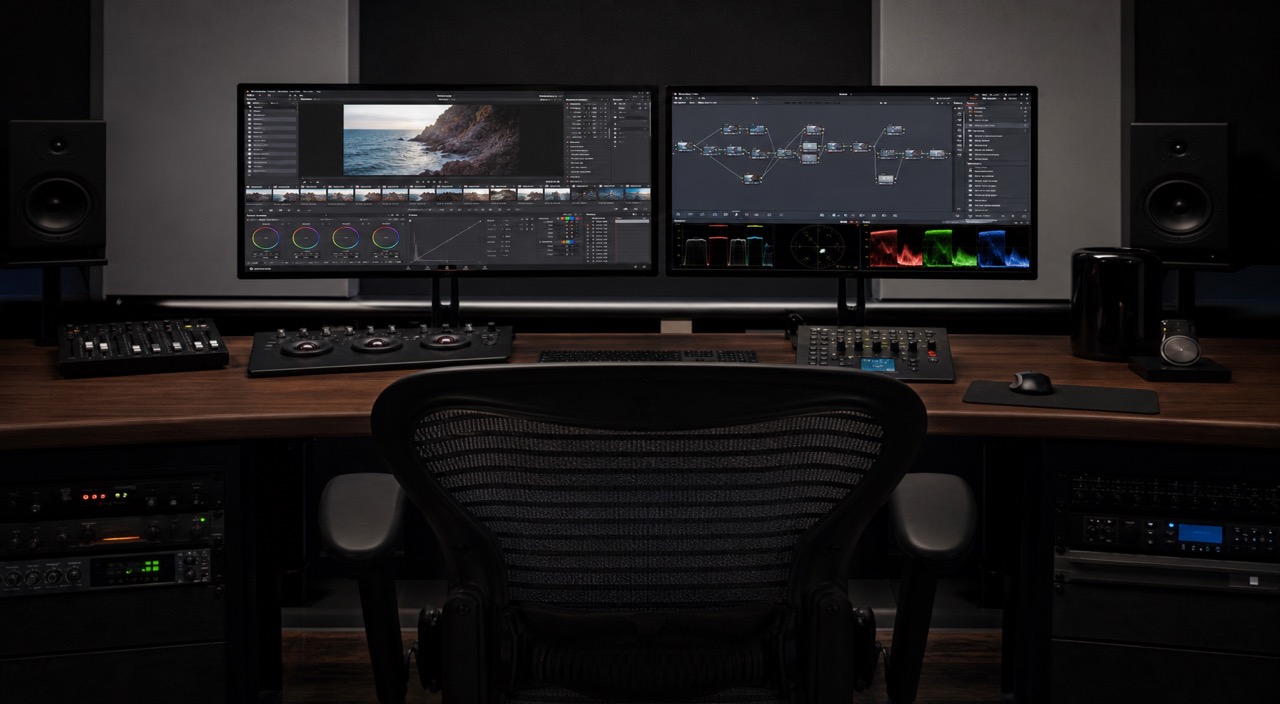 Video editing workstation with multiple monitors in a post-production suite